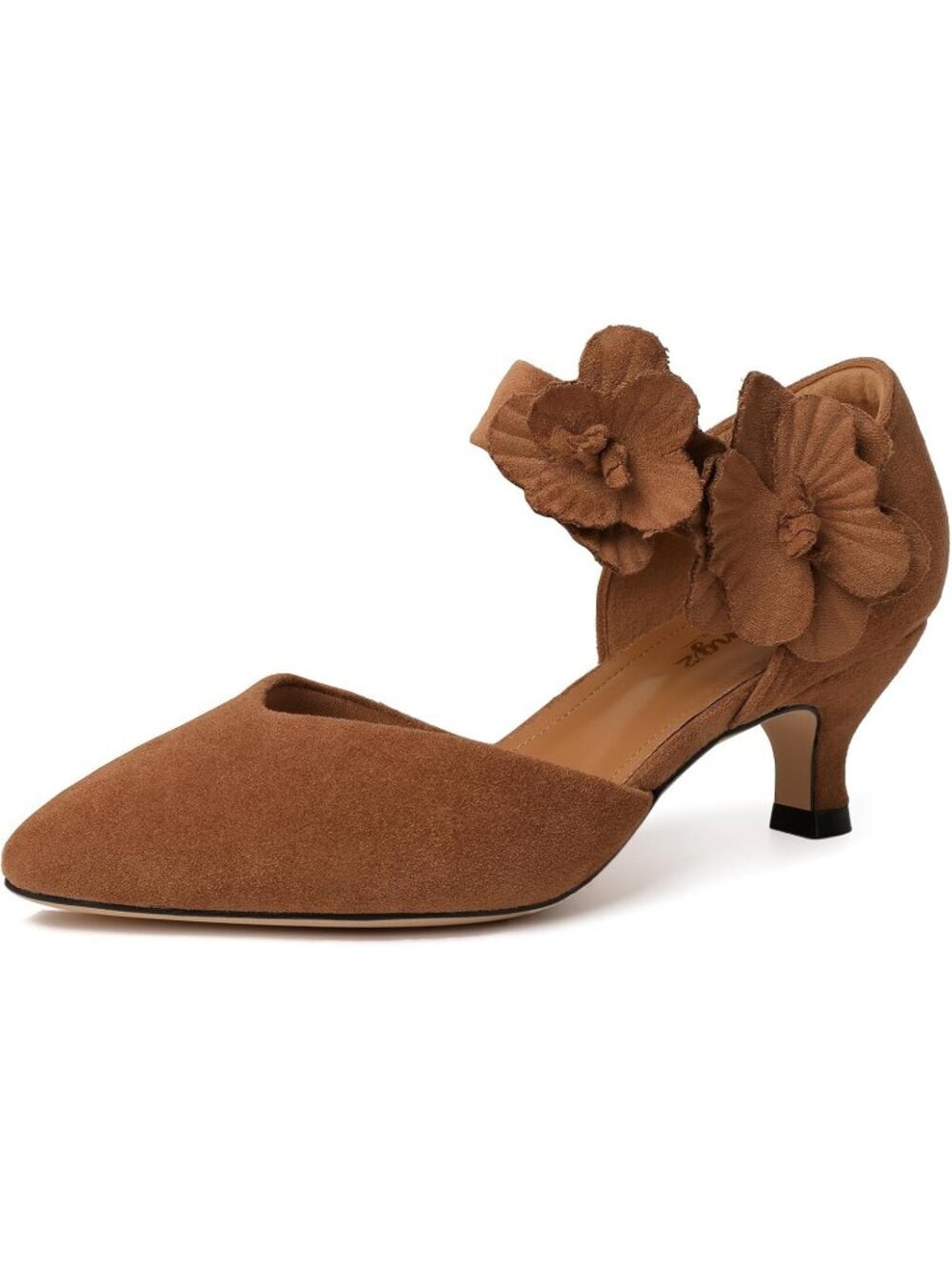 〽️Women Brown Suede Kitten Heels Closed Toe Slip On Comfortable Flower ShoesStab